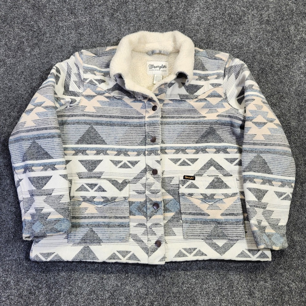 Wrangler Retro Jacket Womens XL Gray Aztec Sherpa Lined Western Snap Pockets